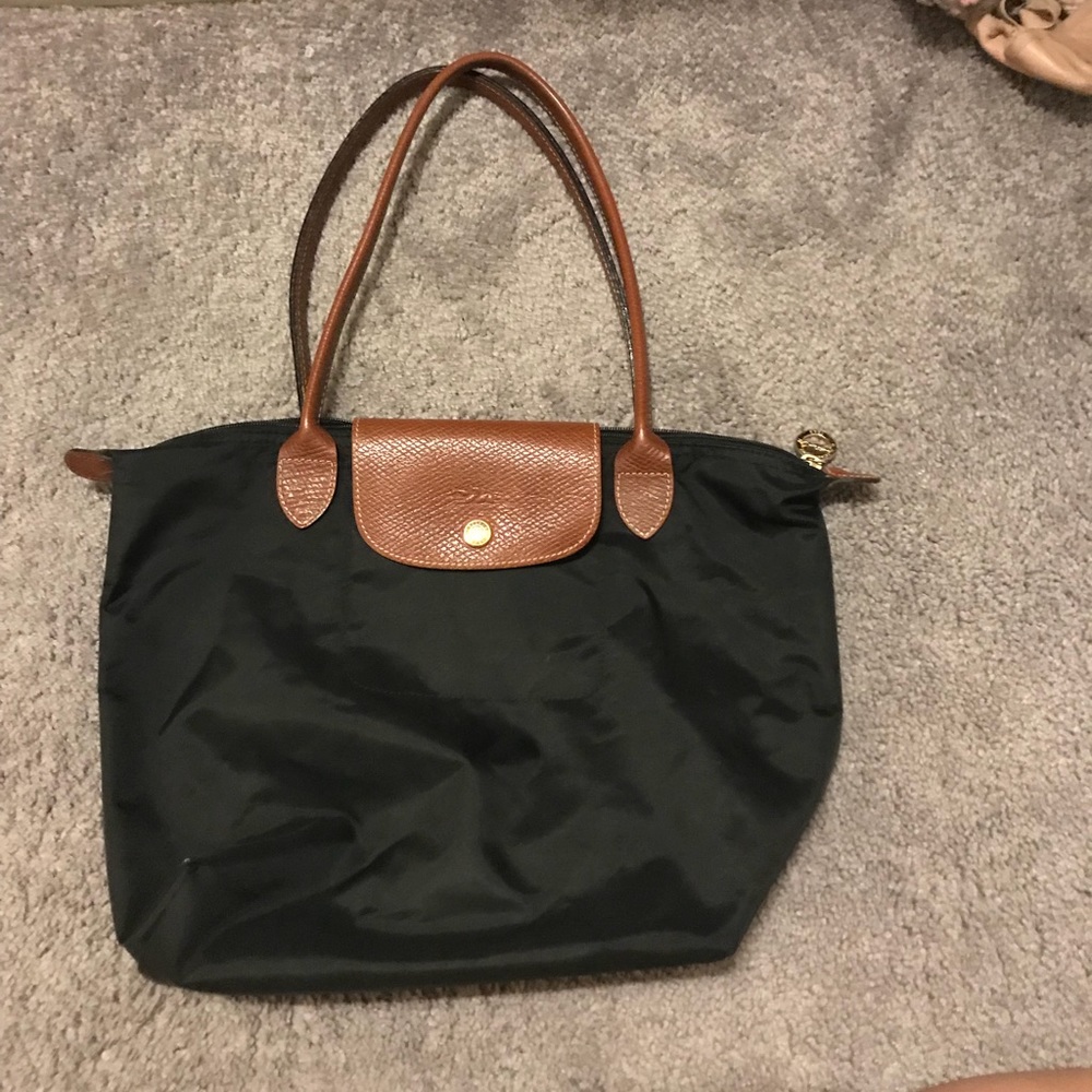 Navy Longchamp Purse With Brown Leather Handles